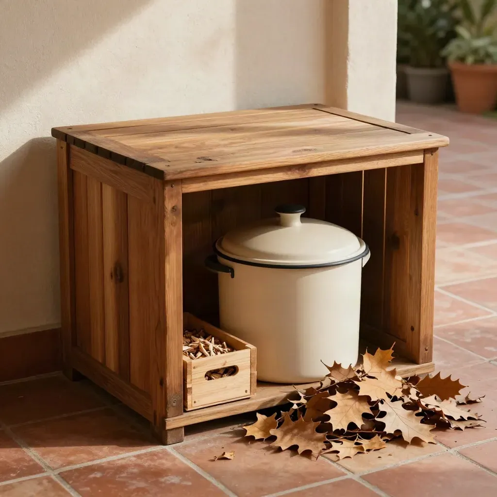 Coin compost domestique sur terrasse avec bioseau fermé, bac à broyat et feuilles mortes