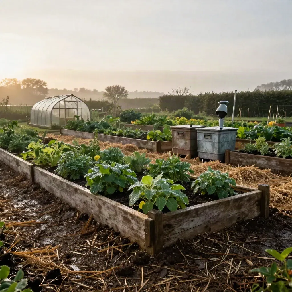 Grand potager permaculturel mouillé à l’aube, avec bacs, composteurs et serre.