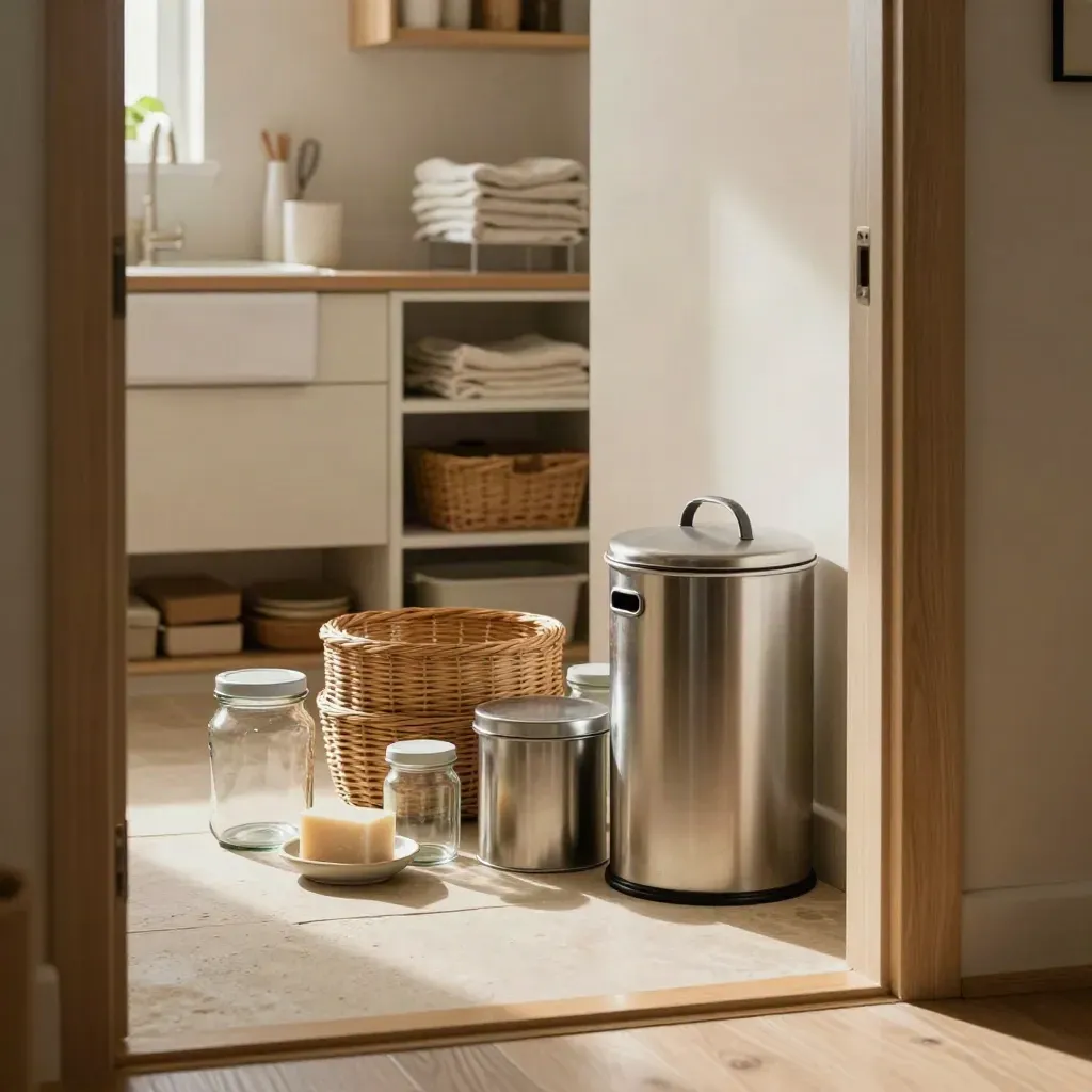 Maison zéro déchet réorganisée, bocaux, savon solide, paniers et compost fermé en lumière douce.