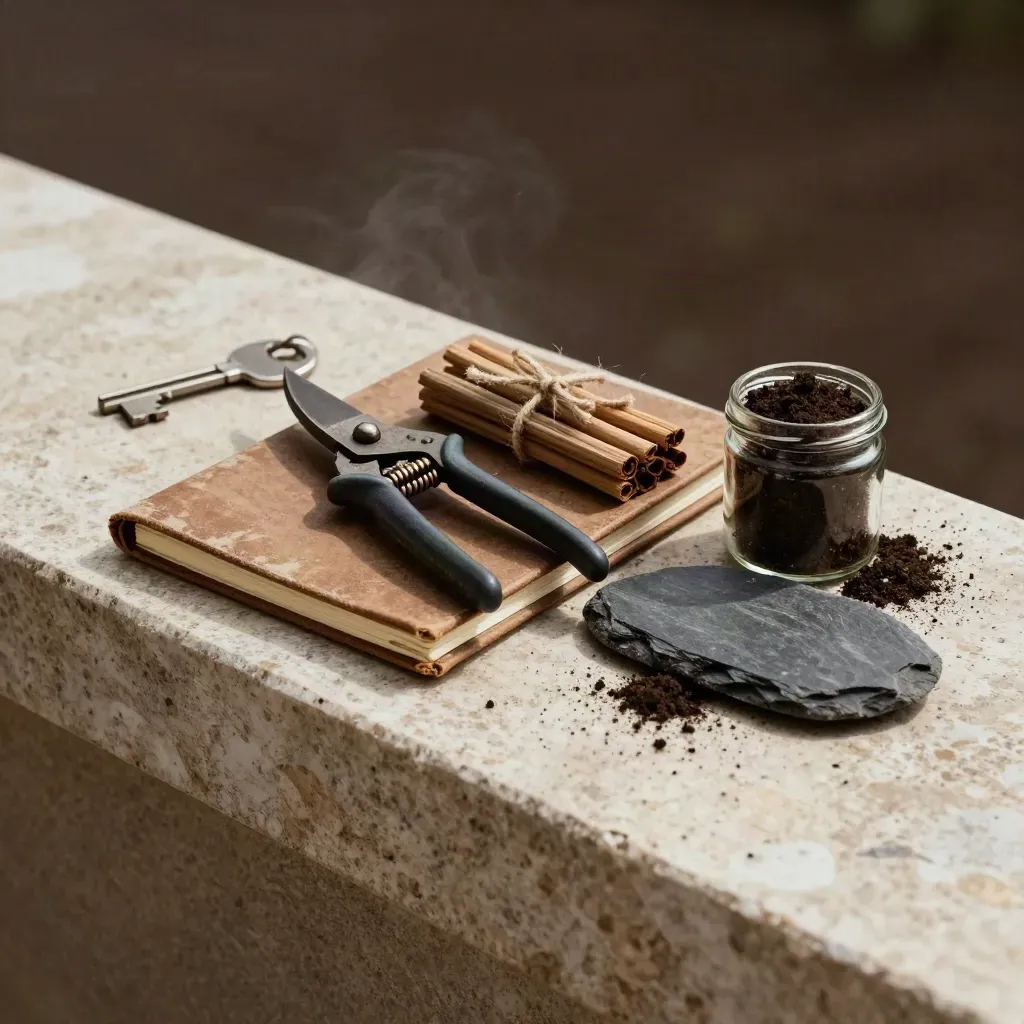 Secateurs usés, carnet fermé, graines, terre sombre et pierre sur une tablette en travertin.