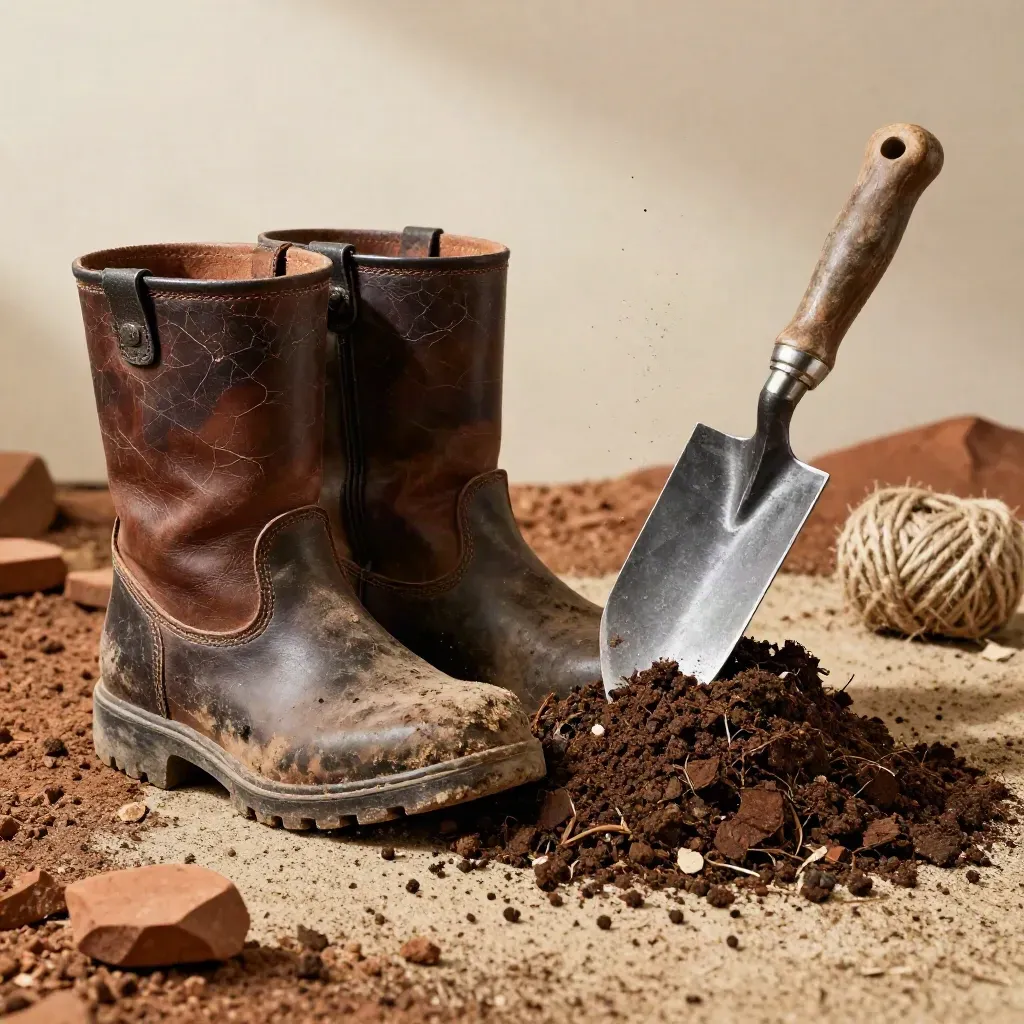 Bottes de terrain, pelle étroite, jute et compost mûr sur terre sèche.