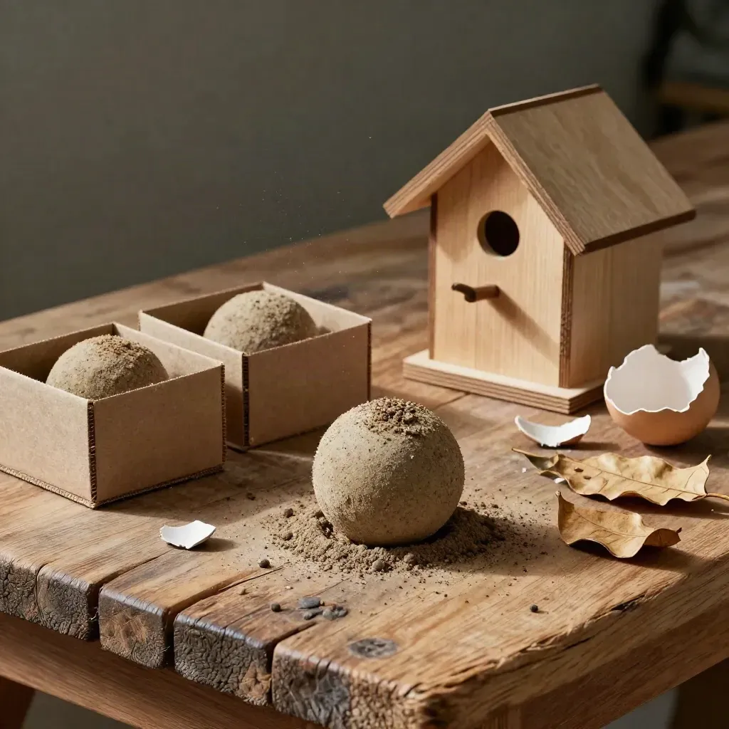 Bombes de graines, boîtes de semences et nichoirs en bois sur un établi poussiéreux.