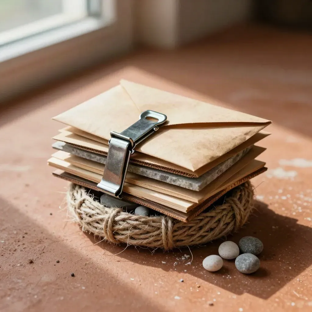 Objets de logistique permaculturelle: corde de jute, échantillons, pinces, enveloppes kraft et cailloux.