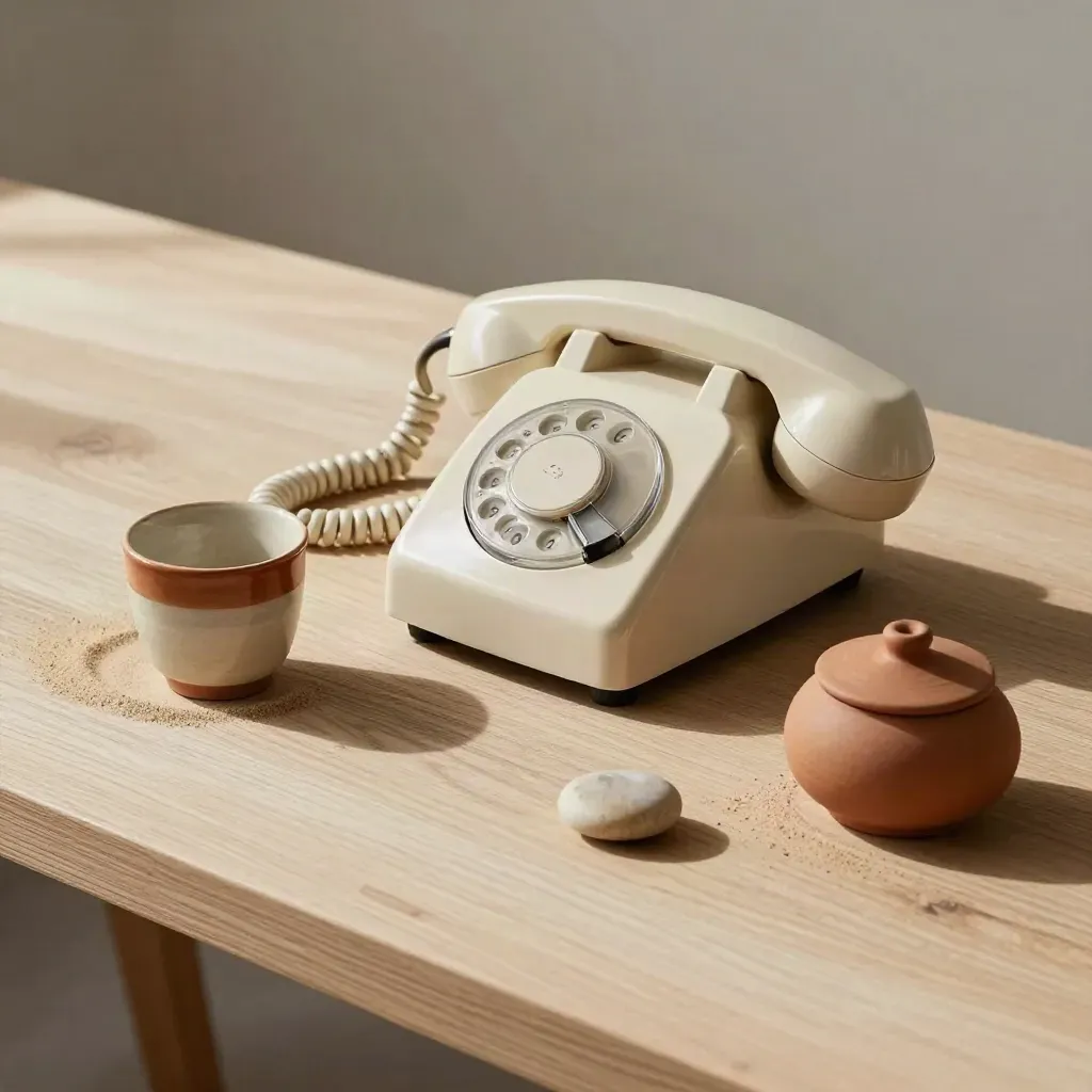 Téléphone vintage, tasse en grès, pot de graines et galet sur bois clair.