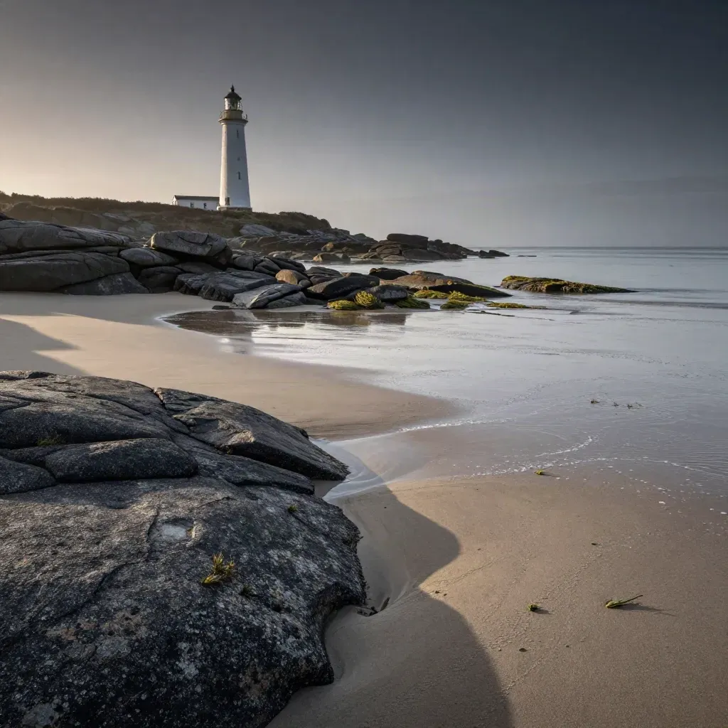 Phare breton sur pointe granitique, estran mouillé au crépuscule, brume saline.
