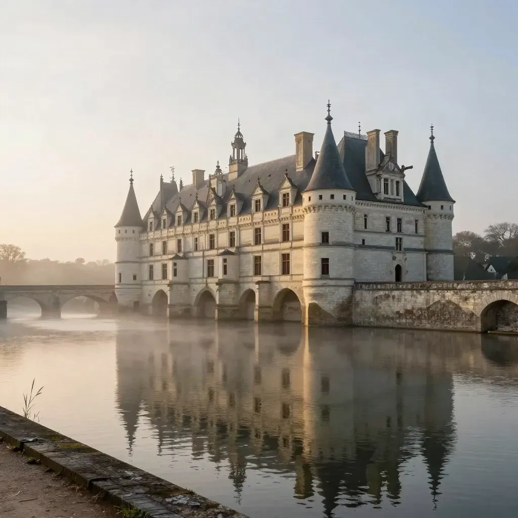 Château de tuffeau au loin sur la Loire, quais silencieux dans la brume dorée