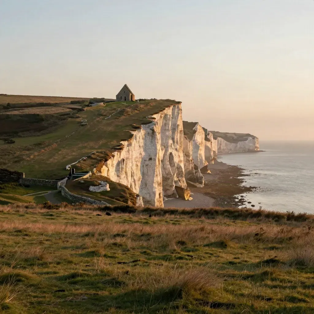 Falaises calcaires normandes et petite abbaye perchée dans la lumière dorée.